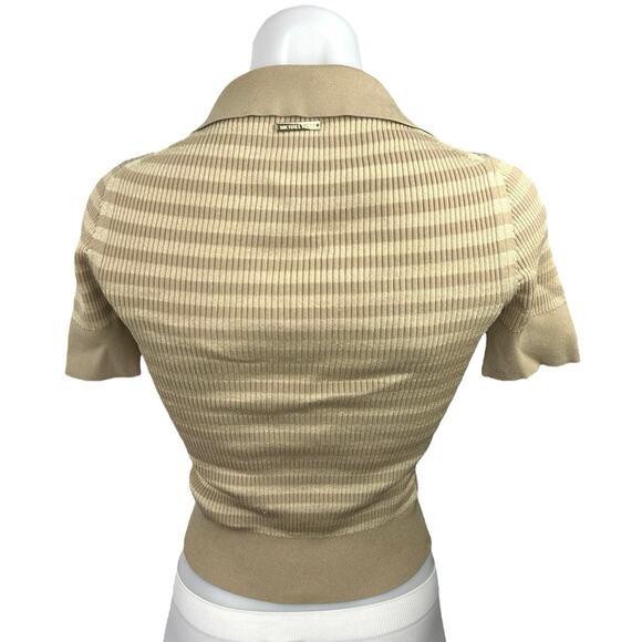 MICHAEL Michael Kors Metallic Gold Striped Collar V-Neck Knit Crop Polo Top 2XS - Picture 2 of 4